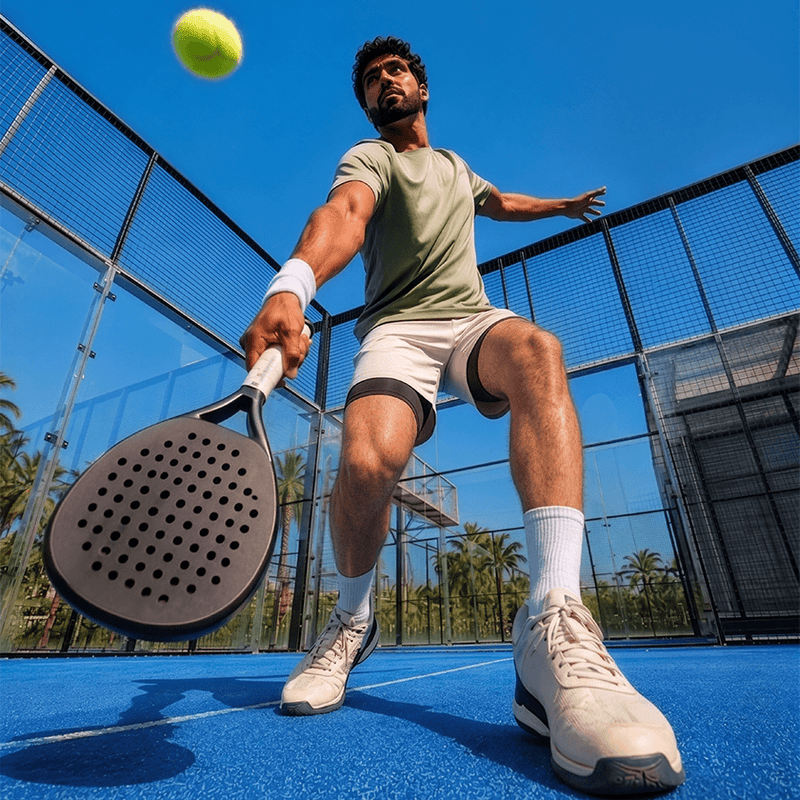A man playing padel on an outdoor court, holding a paddle and reaching toward a yellow ball under a clear blue sky.